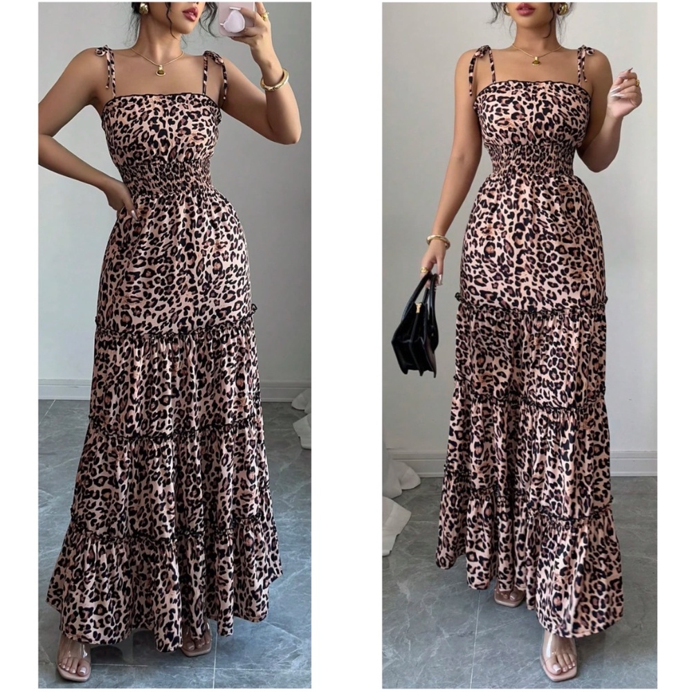 Boho Leopard Print High Waisted Shoulder Tie Maxi Dress